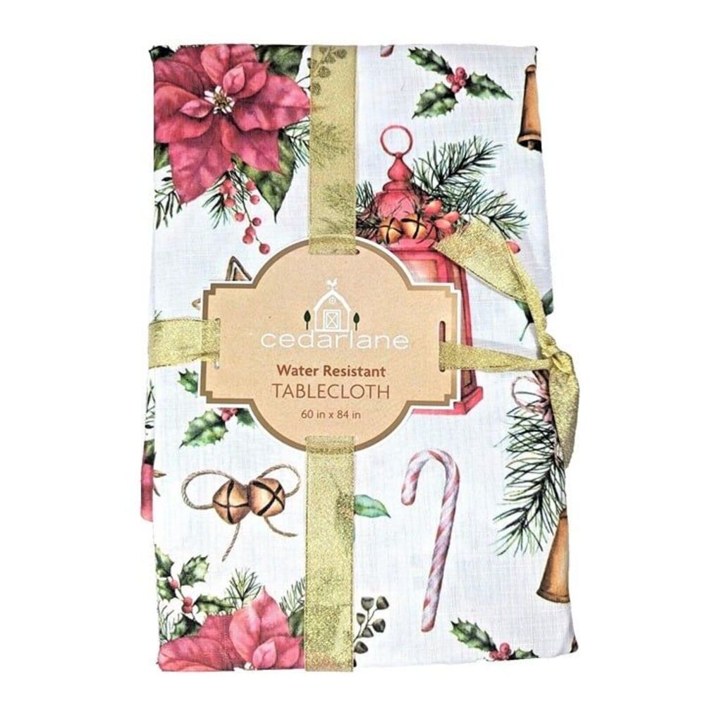 Christmas Holiday Dining Tablecloth 60 x 84-in Poinsettia Holly Bells Candy NEW